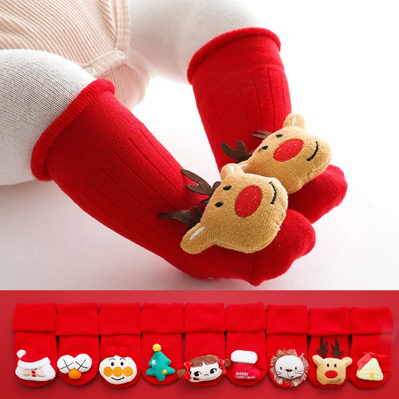 0-3 yıl çorap bebek Noel kalın havlu çorap çocuklar için sevimli karikatür diz üstü çorap Yeni Yıl kırmızı çorap Noel baba