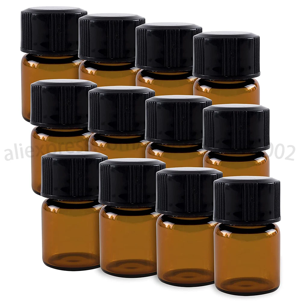 100 adet 1 ml Mini Amber Cam Flakon Şişeleri Orifis Redüktörlü ve Uçucu Yağlar ve Parfümler için Kapaklı