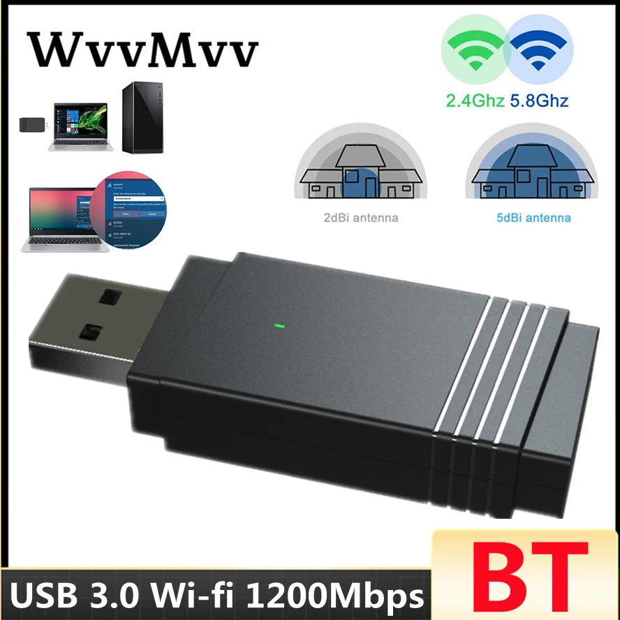 1200 Mbps Mini USB3.0 Wifi adaptörü Wifi Ağ Kartı Çift Bant 2.4 Ghz/5.8 Ghz Bluetooth 5.0/WiFi Kablosuz AC USB Adaptörü PC için
