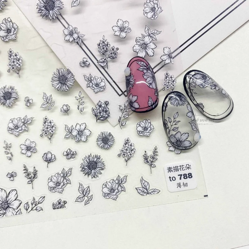 2021 Moda Beyaz Siyah Kroki Çiçek 5D Kabartma Nail Art Sticker Kendinden Yapışkanlı Ultra İnce Nail Art Süslemeleri Etiketler Çıkartmaları