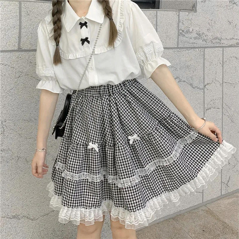 2021 Yeni Japon Tarzı Sevimli Dantel Dikiş Gömlek Ekose Etek Etek Öğrenci Takım Elbise kadın Yaz kawaii giyim lolita etek
