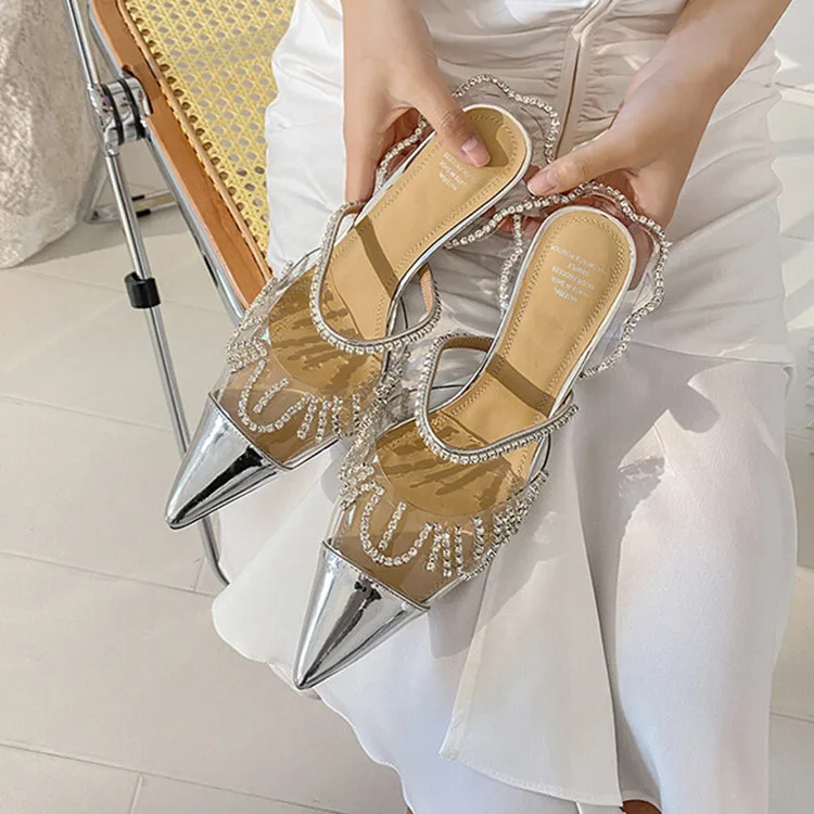 2022 Gümüş Deri Kadın Sığ Pompaları Şeffaf PVC Bahar Katır Ayakkabı Parlatıcı Taklidi İnce Yüksek Topuklu Resmi elbise terlikleri