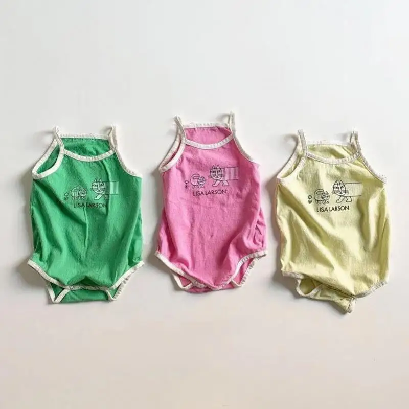 2022 Yaz Yeni Bebek Kolsuz Bodysuit Sevimli Kedi Baskı Yelek Tulum Bebek Kız Pamuk Nefes Onesie Erkek Bebek Giysileri