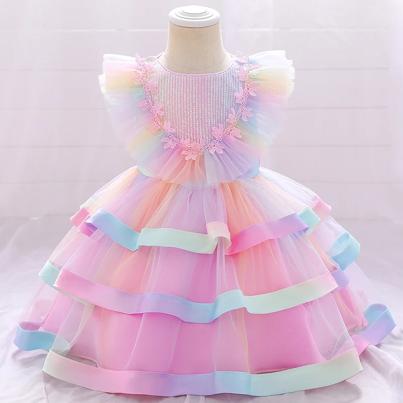 2022 Çiçek Çocuk Giysileri Vaftiz 2 1 Yıl Doğum Günü Elbise Bebek Kız Giyim Prenses Renkli Parti Elbise Çocuk Kostüm
