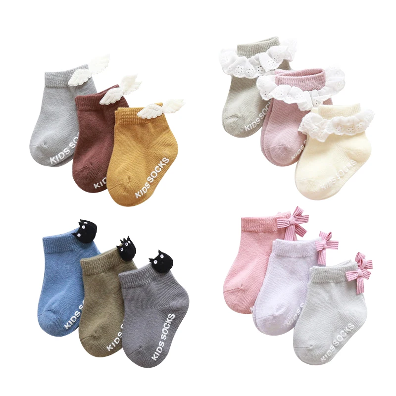 3 Çift / grup Bebek Kız Çorap Fırfır İlmek Prenses Pamuk Ayak Bileği Çorap Toddler kaymaz Zemin Çorap Çiçek Yeni Doğan Çorap Bahar