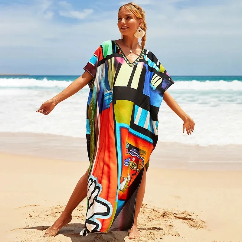 460615-34 Plaj tatil gevşek büyük boy pamuk gecelik elbise güneş koruyucu plaj ceket bikini mayo bluz kadınlar