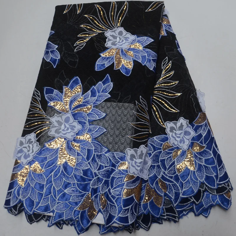 (5 yards / pc) yüksek kaliteli Afrika organze dantel kumaş payetler ve 3D çiçekler ile siyah mavi parti elbise için OP51