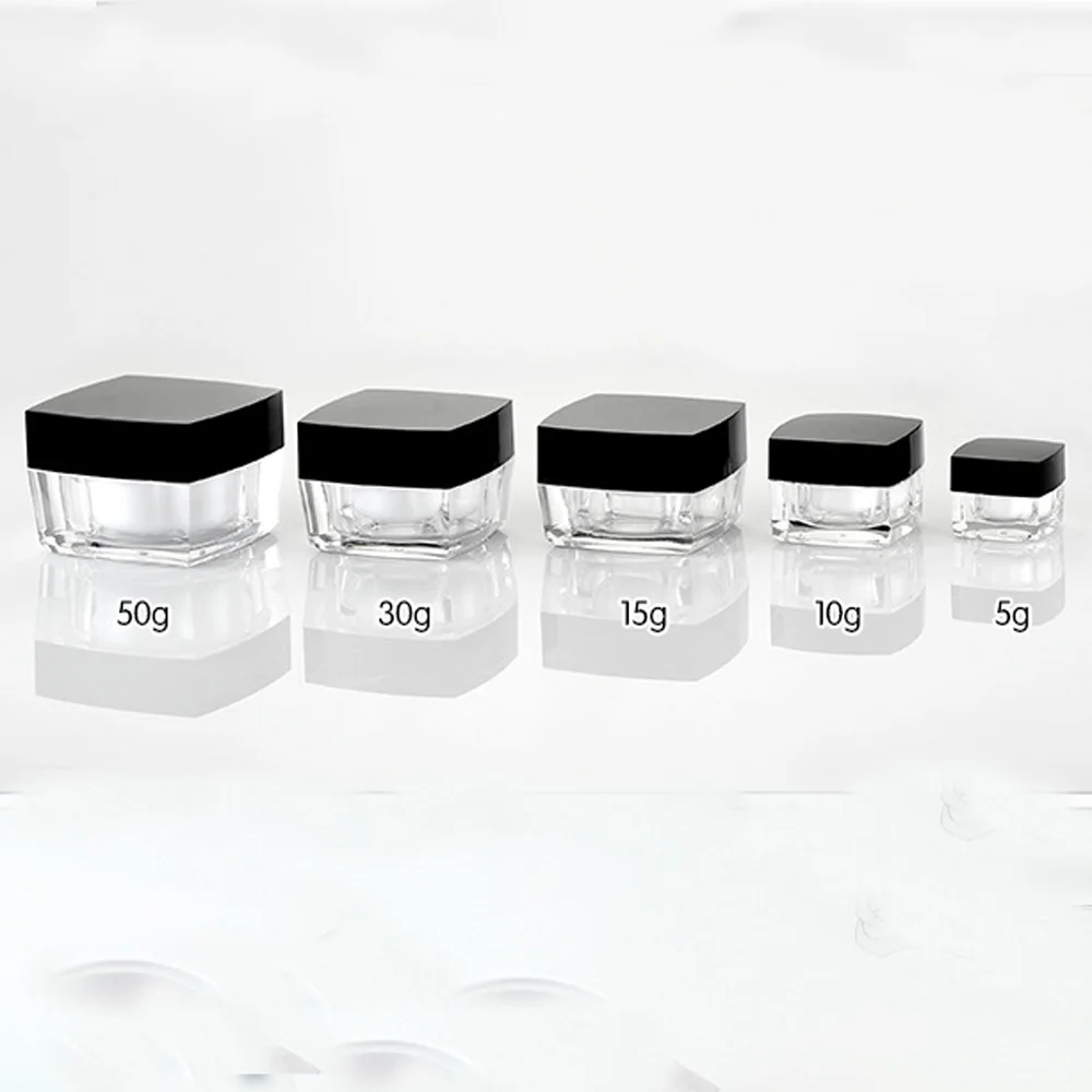 5g-50g kapasiteli kare şekli akrilik malzeme Kristal krem şişesi ve akrilik krem şişesi kavanoz spacer ve siyah kapaklı