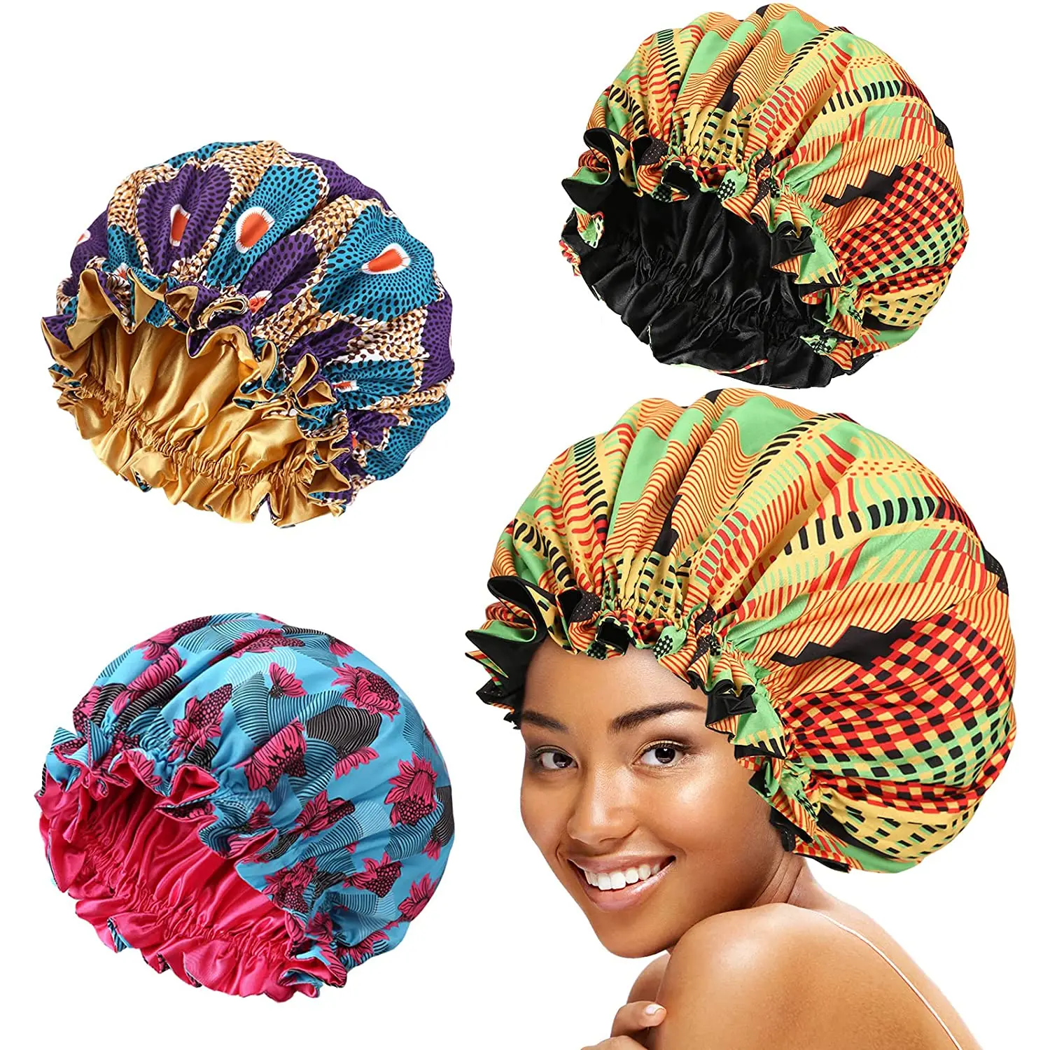 Afrika çiçek Baskı Saten Kaput Uyku Kap Ekstra Büyük Elastik Kaplı Ankara Bonnets Saç Bakımı Cap Başkanı Wrap Türban Kemo Şapka