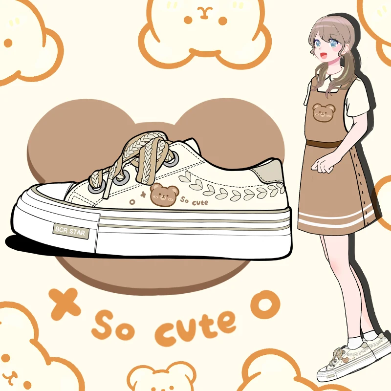 Amy ve Michael 2022 Sonbahar Tatlı Kız Öğrenciler Anime Ayı kanvas sneaker Gençler Retro Rahat Plimsolls Kadın vulkanize ayakkabı