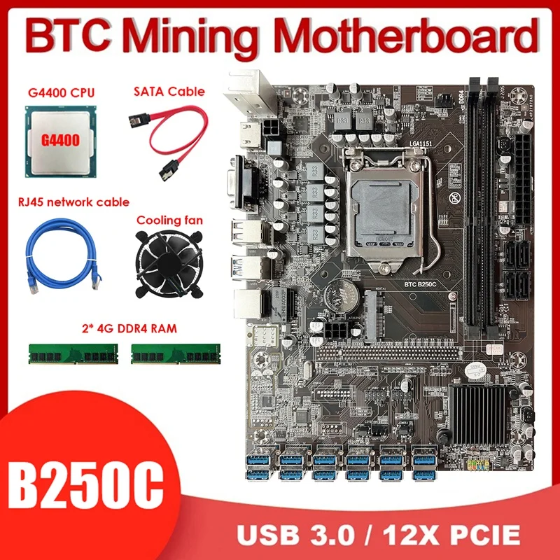 B250C 12USB3. 0 (PCIE 1X) LGA1151 BTC Madencilik Anakart + G4400 CPU + CPU Fan + 2X4G DDR4 RAM + SATA Kablosu + RJ45 Ağ Kablosu