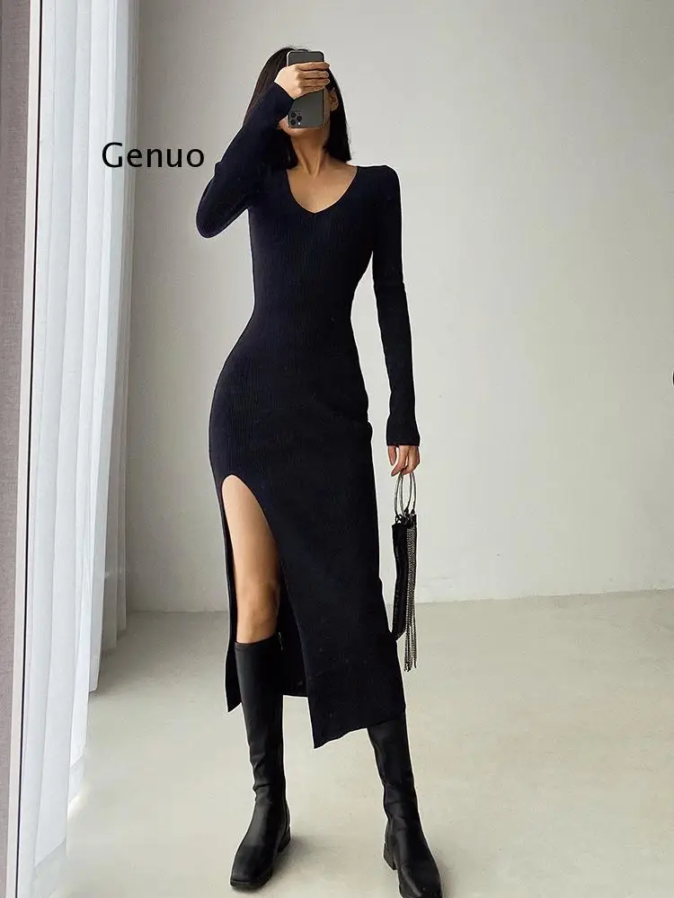 Bahar Kış Seksi Fransız Yarık Kazak Elbise Kadın İnce Dar Örme Midi Bodycon siyah elbise Kadınlar Kulübü Parti Vestido