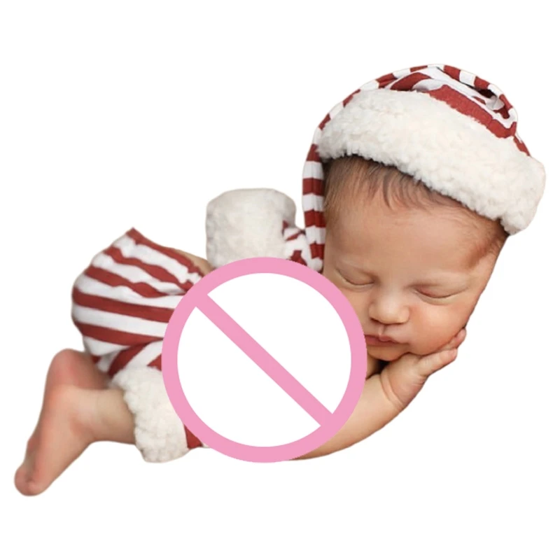 Bebek Kostüm Sevimli Fotoğraf Sahne Kıyafetler Kırmızı ve Beyaz Çizgili Noel Baba Şapka ve Pantolon Kostüm Süsleme