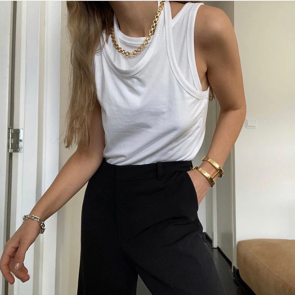 Beyaz Yelek Kadınlar İçin Asimetrik Seksi Kolsuz Sahte İki Pamuklu Rahat Yelek Kadın Moda Tank Top 2021 Yeni Giyim Tops