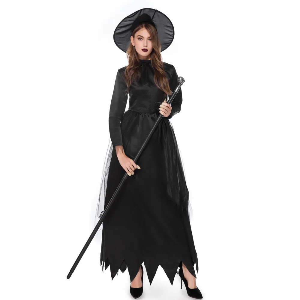 Cadılar bayramı Cadı Kostüm Kadınlar İçin Yetişkin Siyah Fantezi Cadı Büyücü Cosplay Şapka ile Karnaval Performans Giyim