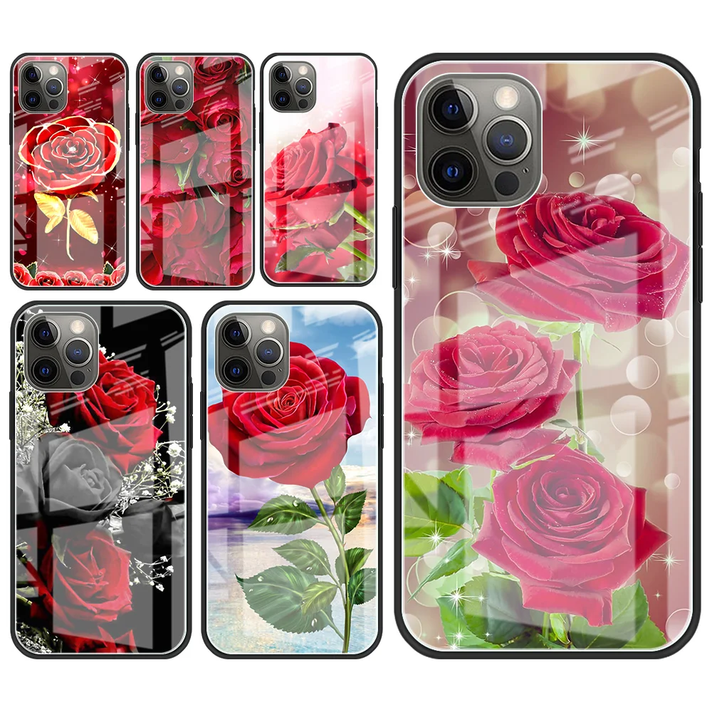 Cam Telefon Kılıfı için iPhone 13 11 12 Pro 7 XR X 6 Artı 6S 8 XS Max SE Yumuşak Kenar Temperli Mobil Kapak Kırmızı Güller Çiçekler