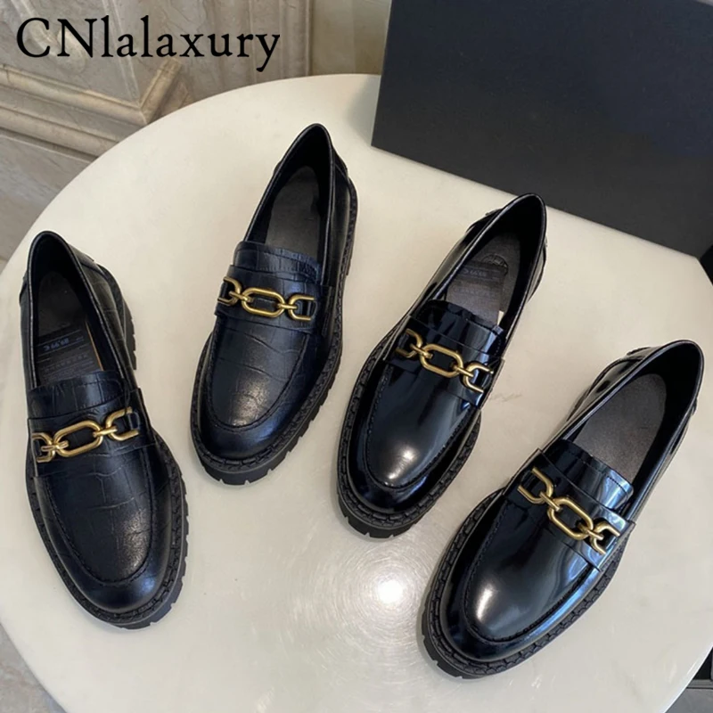 CNlalaxury 2023 Sonbahar Moda Siyah Hakiki Deri Düz Taban Ayakkabı Kadınlar Katı Basit Rahat Cusp Kalın Alt İngiltere Ayakkabı
