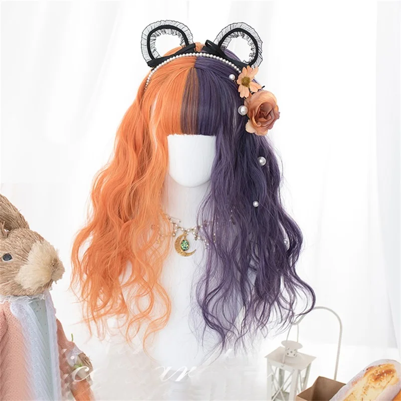 CosplayMix 60 CM Lolita Turuncu Mor Ombre Uzun Kıvırcık Patlama Sevimli Sentetik Saç Ve Cadılar Bayramı Şeytan Boynuzları Cosplay Peruk