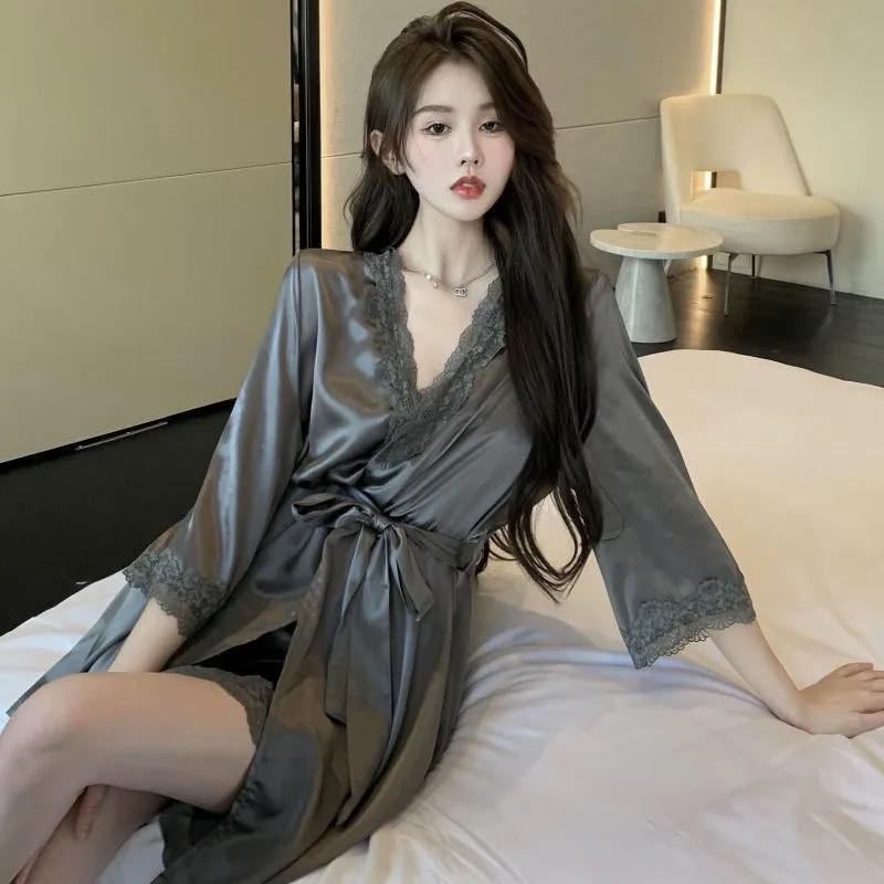 Dantel Saten Kayma Gecelik Ev Giysileri İnce Cinsel Çekicilik Buz ipek Pijama Askı Gecelik İki parçalı Set Seksi Kadın Elbise
