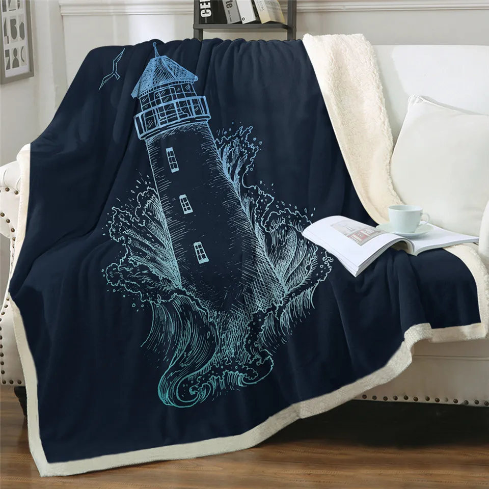 Deniz feneri Mavi 3D Baskılı Peluş Sherpa Battaniye Yumuşak ve Rahat yatak battaniyesi ev ofis kanepesi Battaniye SB07