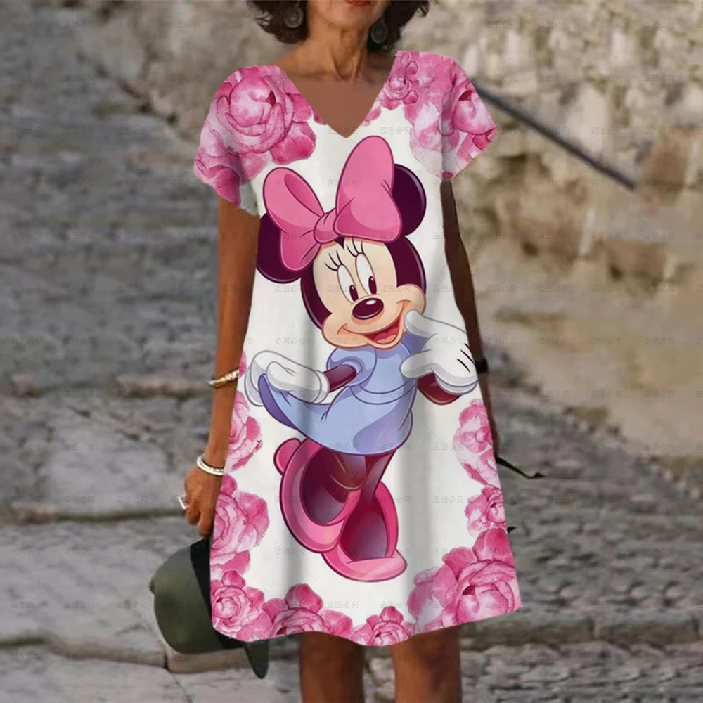 Disney Minnie Mickey Mouse Yaz Boho Elbise Moda Rahat V Yaka Midi Elbiseler Zarif Plaj Parti Elbise Kadın Femme 2022
