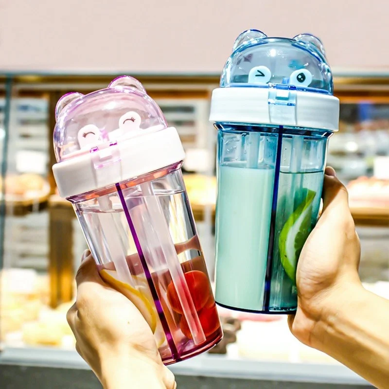 Douding çift ıçecek fincan kedi kulak çift amaçlı saman fincan çocuk plastik su ısıtıcısı Net kırmızı öğrenci çift su şişesi hediye