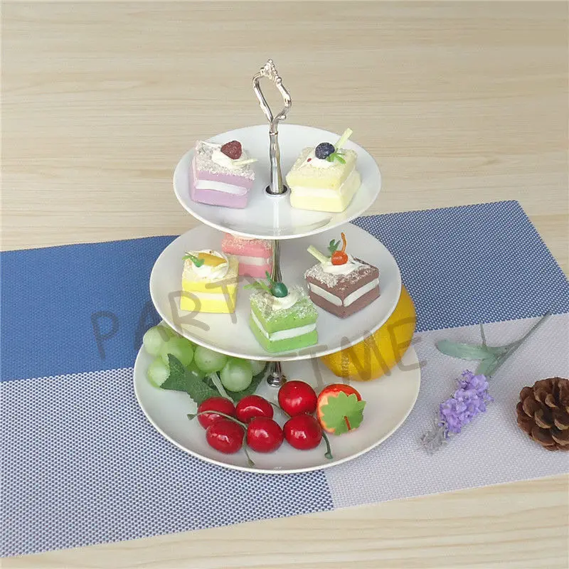 Doğum günü ve düğün partisi için beyaz servis standı, cupcake ve meyve 3 katmanlı servis tabakları kulesi