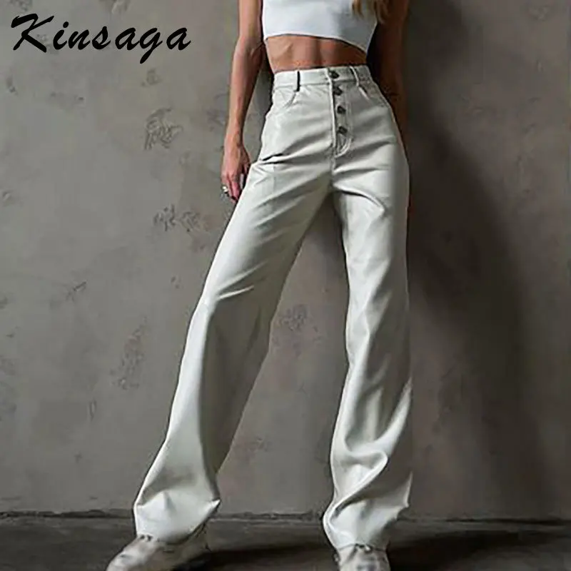 Egırl Y2k Beyaz Düğme Up deri pantolon Kadın Gevşek Yüksek Bel Baggy Faks Deri Pantolon Streetwear Casual Geniş Bacak Dipleri