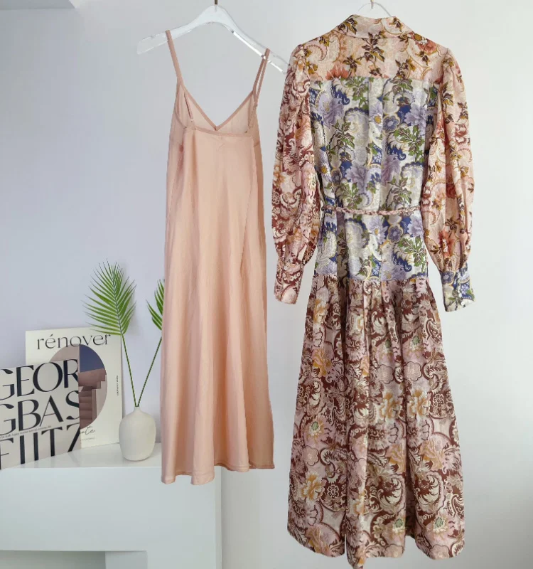 Elbise Fener Kollu Keten Uzun Astar ile 2023 Sonbahar Kadın Çiçek Baskılı Tek Göğüslü Elbiseler High-end dantel-up elbise