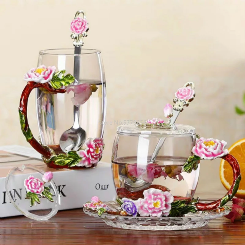 Emaye Kristal Kahve Fincanı ve Kupa Sıcak ve Soğuk İçecekler için Ev çay bardağı kaşık seti Mükemmel Düğün Hediyesi çiçek çayı Cam Bardak