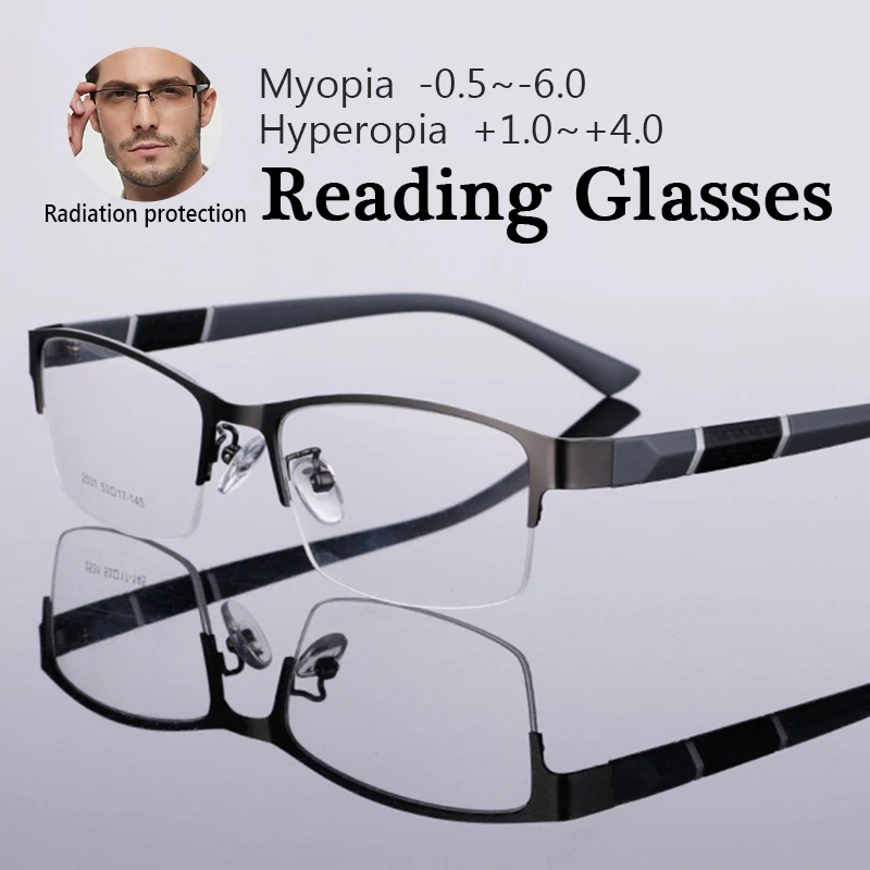 Erkek İş Basit Gözlük Yarım Metal Çerçeve Miyop Gözlük Unisex Reçete Miyopi 0 -1 -1.5 -2 -2.5 -3 -4 -5 -6