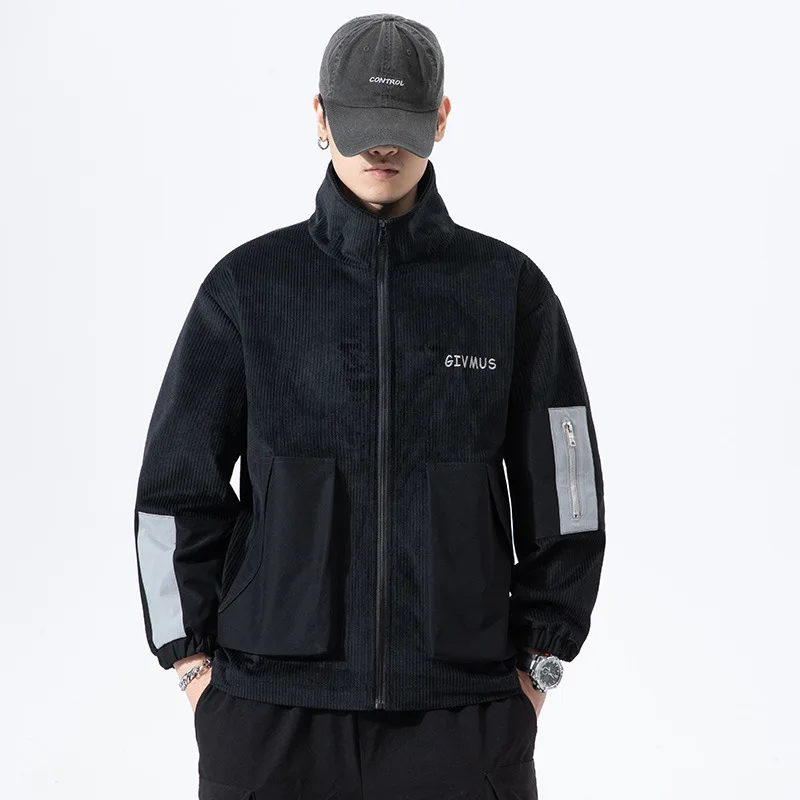 Erkek Moda Kadife Renk Blok Yaka Ceket İlkbahar ve Sonbahar Rahat Gevşek İş Giysisi Ceket Kore Tarzı Erkek Giyim
