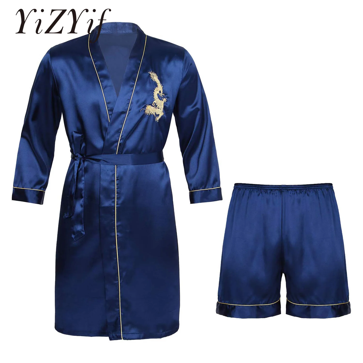 Erkek Saten Nakış Bornoz Gecelik Rahat Ipek Uzun Kollu Kimono Robe Loungewear Pijama Pijama Şort Kemer Seti