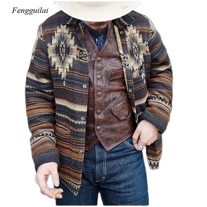 Erkek Sonbahar Moda Yaka Baskılı Tek Göğüslü Uzun Kollu Ceket Streetwear Retro Rahat Gevşek Ceket Büyük Boy