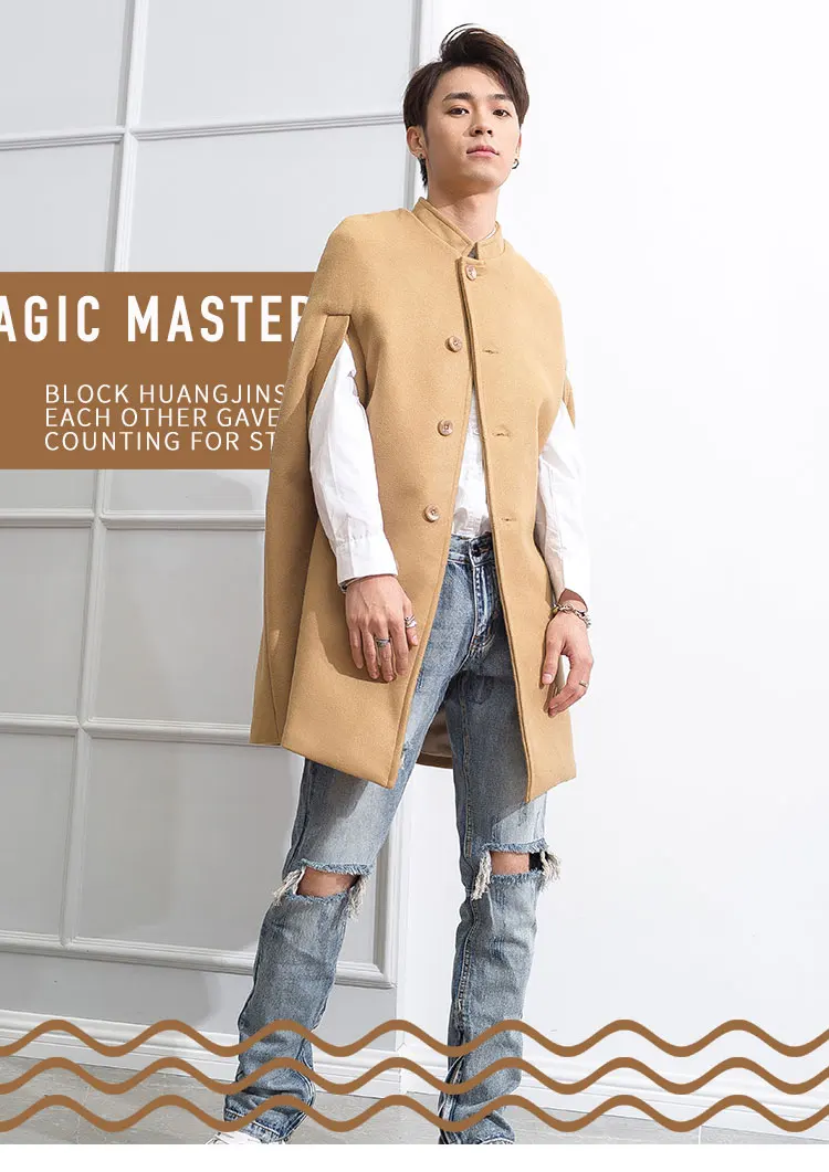 Erkek yün ceket sonbahar / kış haki stand-up yaka orta uzunlukta tüvit ceket ceket İngiliz erkek gevşek pelerin pelerin pelerin trend