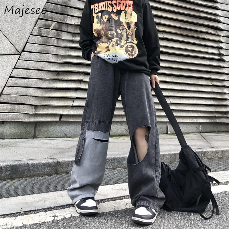 Erkekler için kot Delik Yeni Ins Retro Patchwork Yakışıklı Yüksek Sokak Japon Moda Rahat Tüm Maç Serin Baggy Tasarım Popüler Rahat