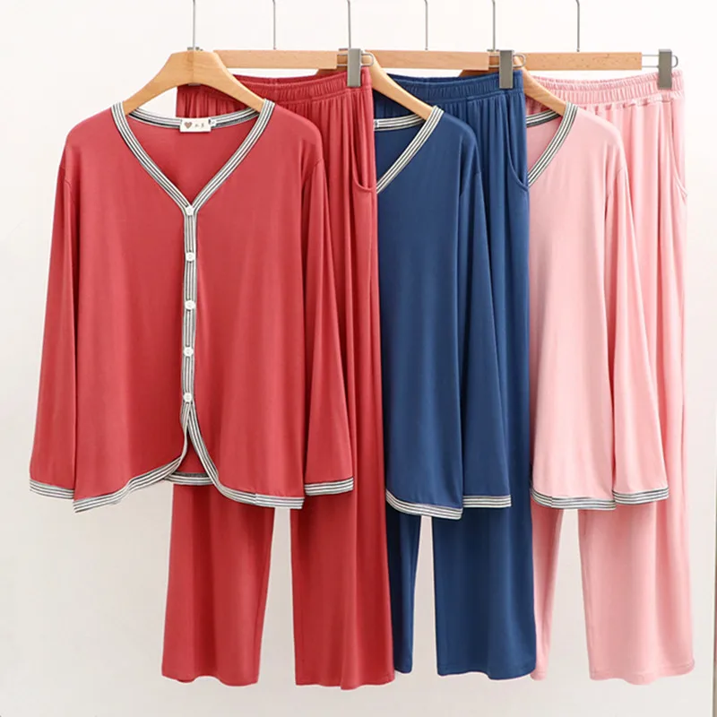 Fdfklak Yeni Pijama Femme V Yaka Modal Pijamas Kadın Bahar Sonbahar Ev Giysileri Düğmeleri Uzun Kollu Gömlek + Pantolon Iki Parçalı Set