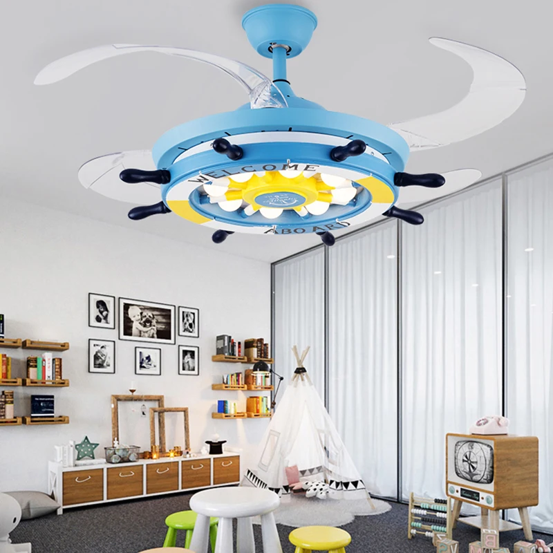 Gemi Dümen Karikatür Görünmez tavan vantilatörü Lambası Anaokulu Çocuk Elektrikli Fan led ışık Yatak Odası RC Kısılabilir