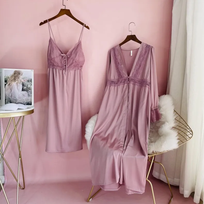 Gevşek Saten Gecelik 2 ADET Nighty & Robe Suit Uzun Kadın Uyku Seti Dantel Patchwork Pijama Salonu Aşınma Bahar Yeni Lingerie