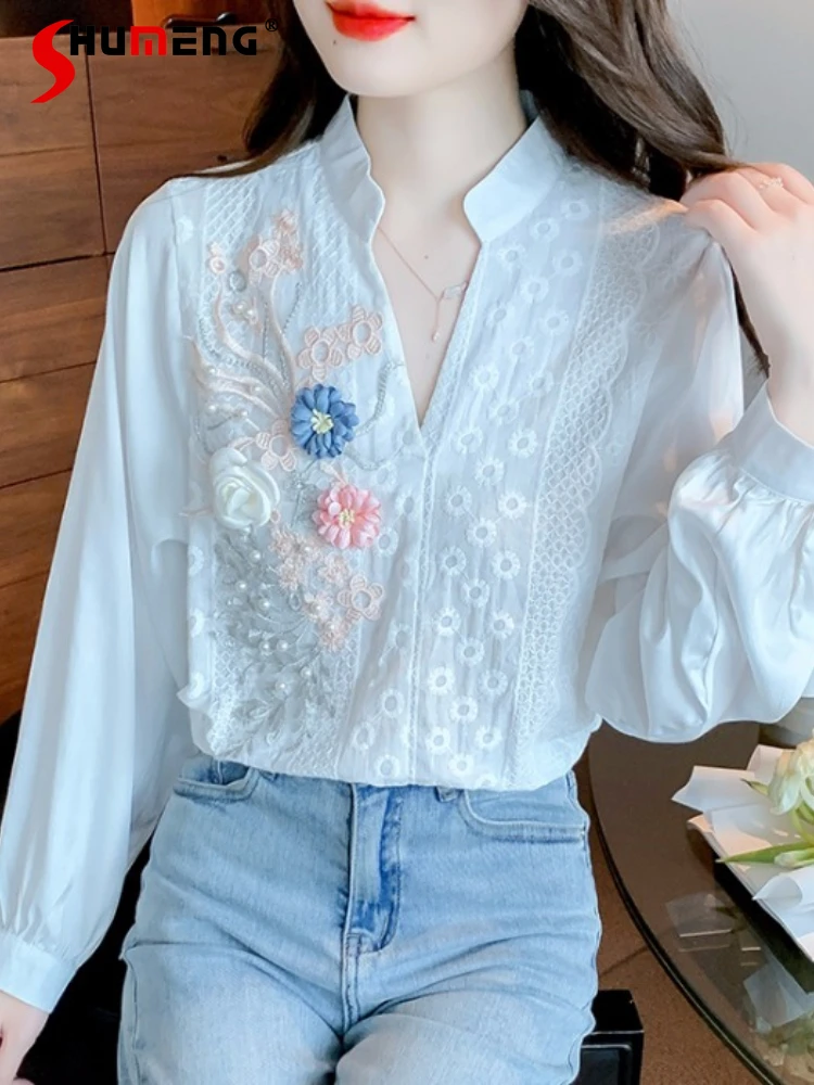Güzel İnciler Çiçekler Beyaz Gömlek kadın Sonbahar Giyim 2022 Yeni Mizaç Uzun Kollu Üst Blusas Femininas Elegantes