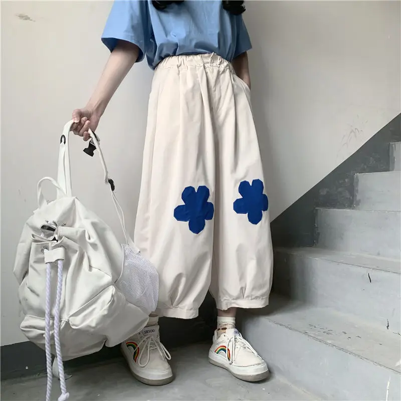 Harajuku Bej Boy Kawaii Kargo Pantolon Japonya Tarzı Yumuşak Kız Geniş Bacak Pantolon Sonbahar Rahat Öğrenci Pantolon Kadın