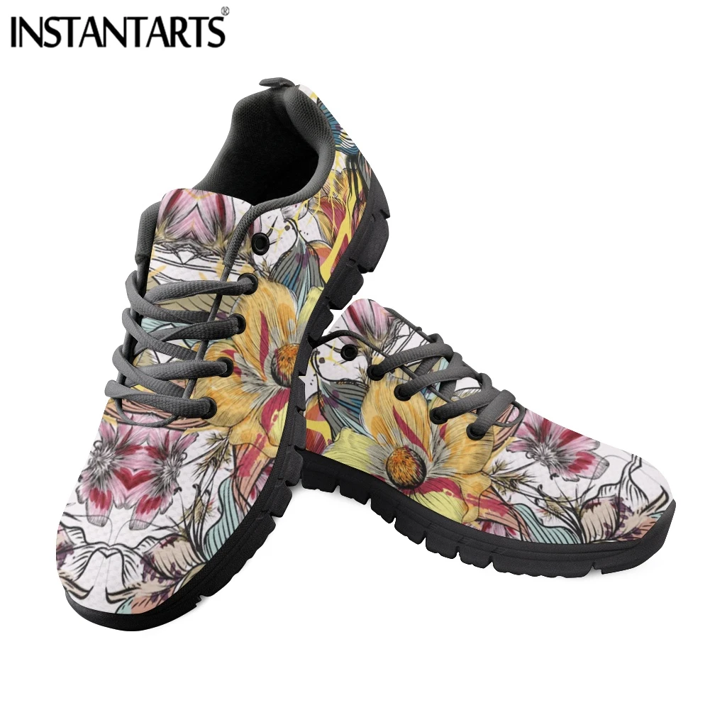 INSTANTARTS Bahar Yumuşak Nefes Rahat düz ayakkabı Kadınlar için Açık Güzel Çiçek Baskılı Lace up Mesh Sneakers Zapatillas
