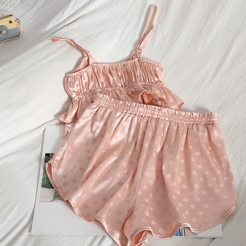 İlkbahar / Yaz Pijama Seti Bel Dantel Etek V Yaka Kaşkorse + Göğüslü İnce Geniş Bacak Şort İki parçalı Set