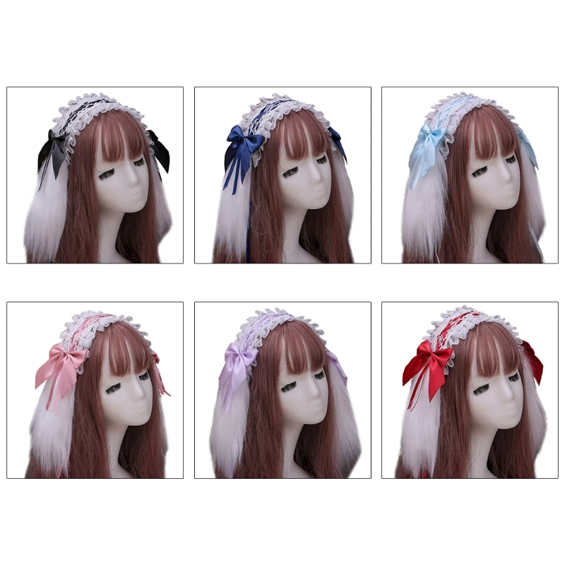 Japon Lolita Kürklü Tavşan Tavşan Kulaklar Kafa Bandı Ruffles Dantel Şerit İlmek saç bandı Gotik Hizmetçi Cosplay Headdress