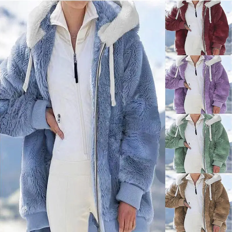 Kadın ceket 2022 yeni kapşonlu sıcak polar ceket kadın büyük boy moda basit gevşek fermuarlı cebi rahat kış ceket kadın