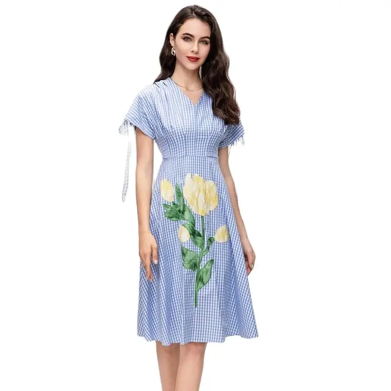 Kadın Elbise 2023 İlkbahar Yaz V Yaka Kısa Kollu Zarif Çizgili Çiçekler İşlemeli Zayıflama evaze elbise Diz Boyu S-XXL