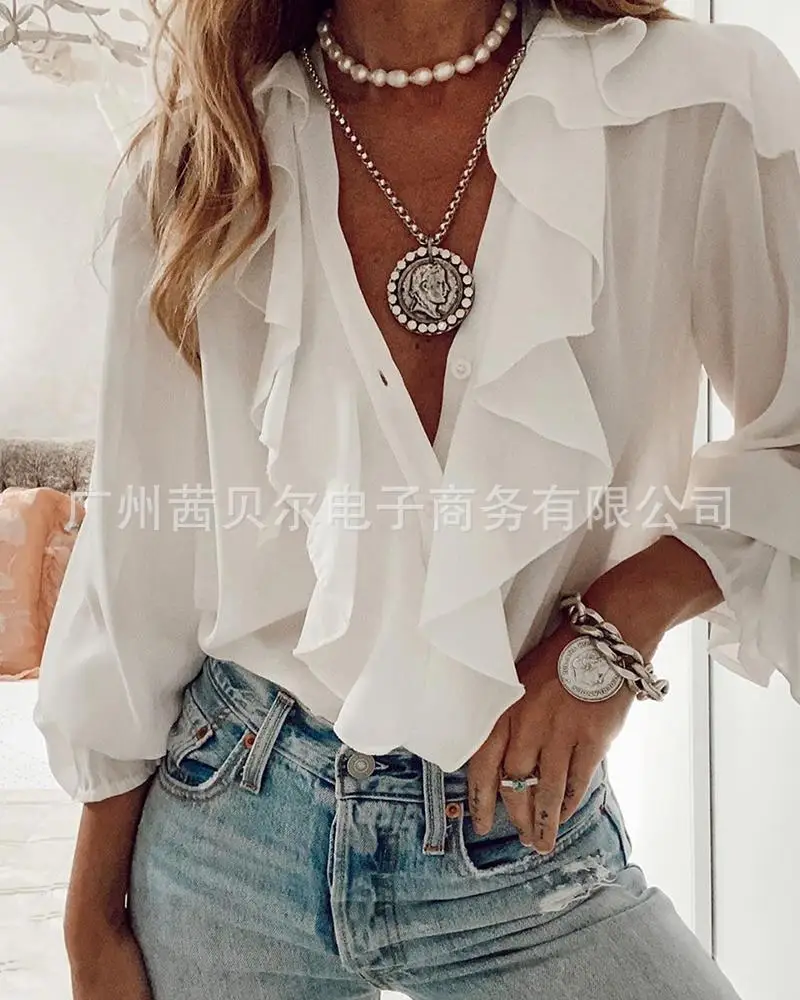 Kadın Gömlek Beyaz Uzun kollu Düz Renk Ruffled V Yaka Bahar Ve Yaz Mizaç Banliyö Tek göğüslü Şifon Gömlek