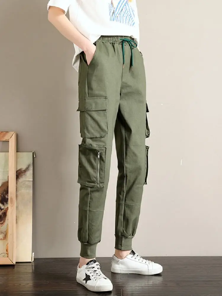Kadın Kargo pantolon Traf Elastik Yüksek Bel Fermuar pamuklu pantolon Kadın Y2K Kore Moda Rahat Harajuku Siyah Yeşil Pantolon
