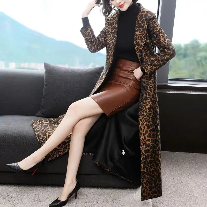 Kadın Trençkot Leopar Rahat Kadın Uzun Giyim Moda İnce Bayan Palto Bahar Sonbahar Femme Rüzgarlık Dış Giyim