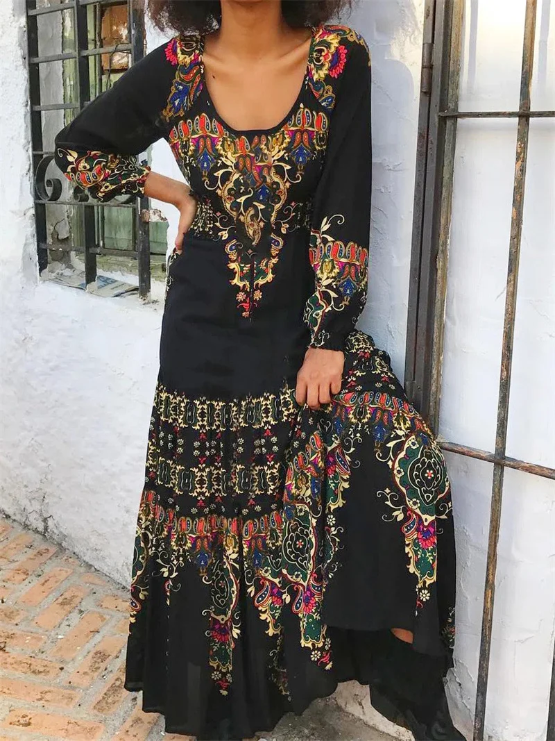 Kadınlar İçin zarif ve Sonbahar Elbise baskılı U Boyun Kazak Uzun Kollu Kek Parti Elbiseler